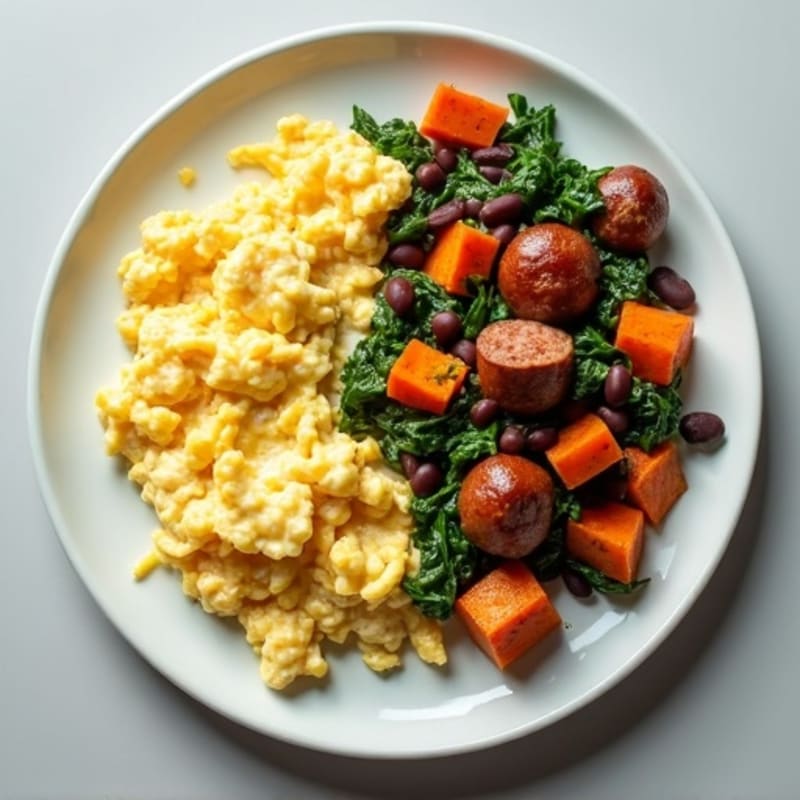 Egg White and Turkey Sausage Scramble with Spinach and Sweet Potato Hash