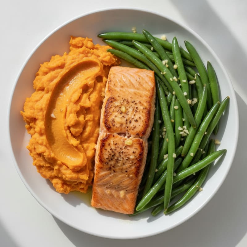 Seared Salmon with Steamed Green Beans and Mashed Sweet Potato