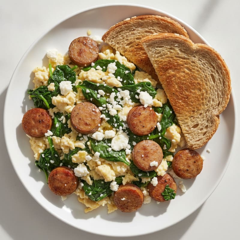 Egg White and Turkey Sausage Scramble with Spinach and Feta