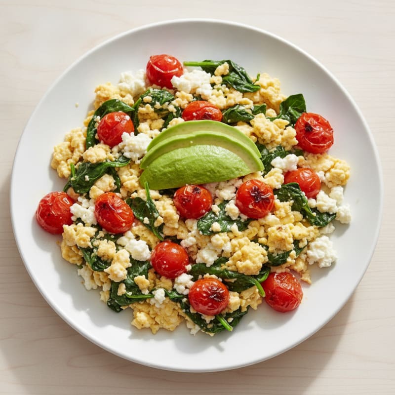 Cottage Cheese Egg Scramble with Spinach and Cherry Tomatoes