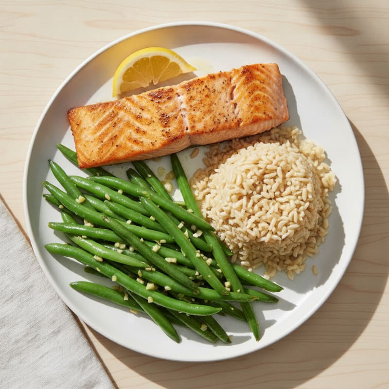 Seared Salmon with Garlic Green Beans and Steamed Brown Rice