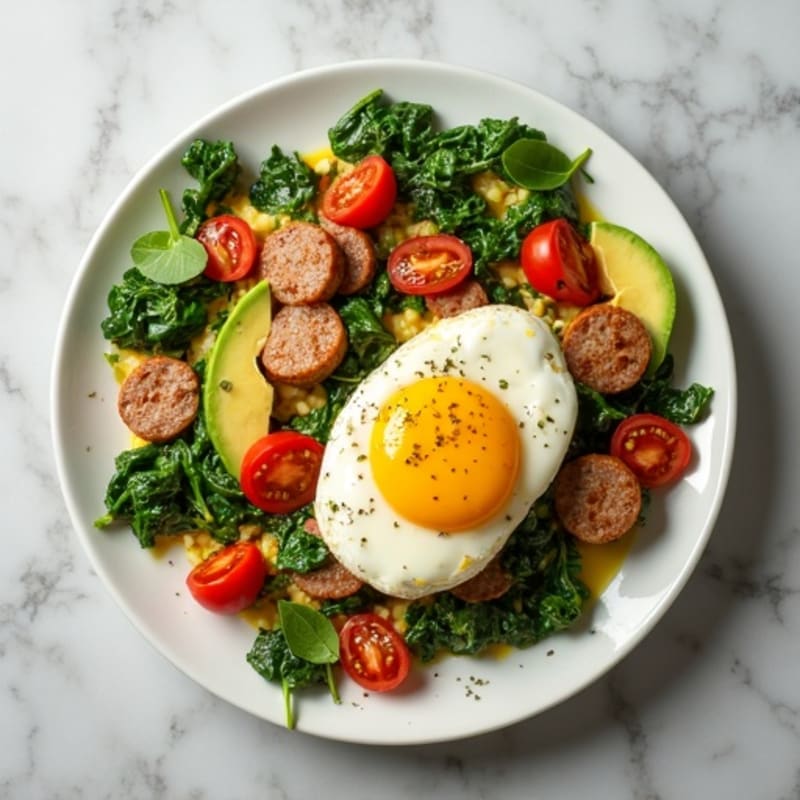 Egg White Scramble with Turkey Sausage and Sautéed Spinach