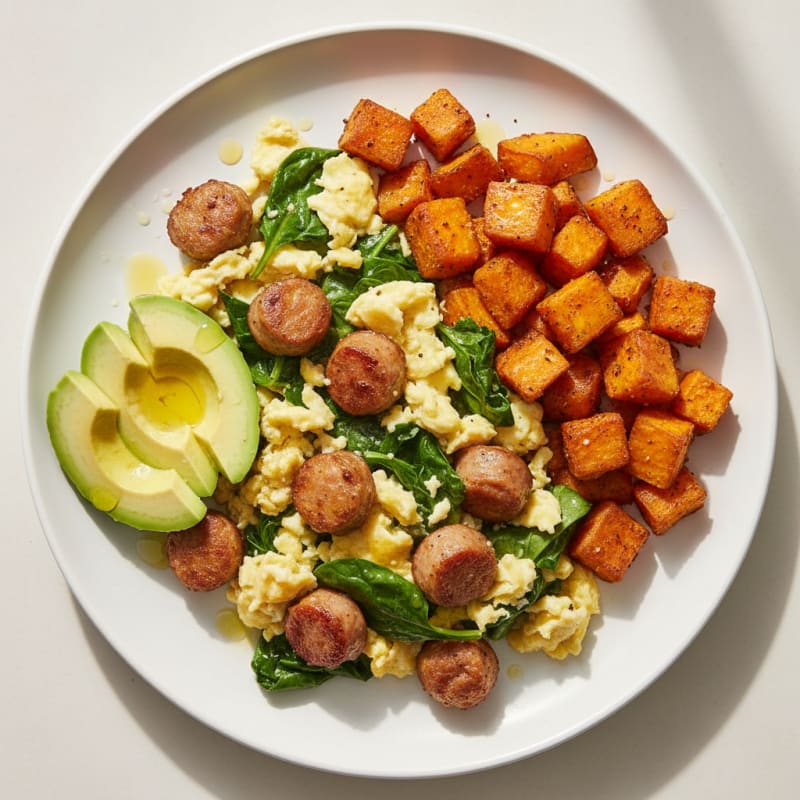 Crispy Turkey Sausage and Spinach Scramble with Roasted Sweet Potatoes