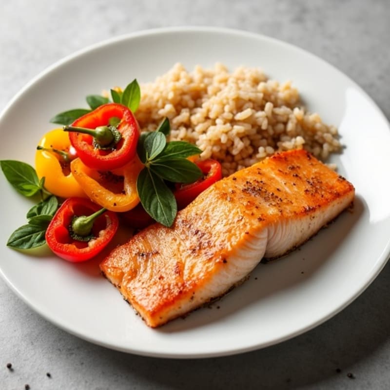 Crispy Salmon with Roasted Bell Peppers and Brown Rice
