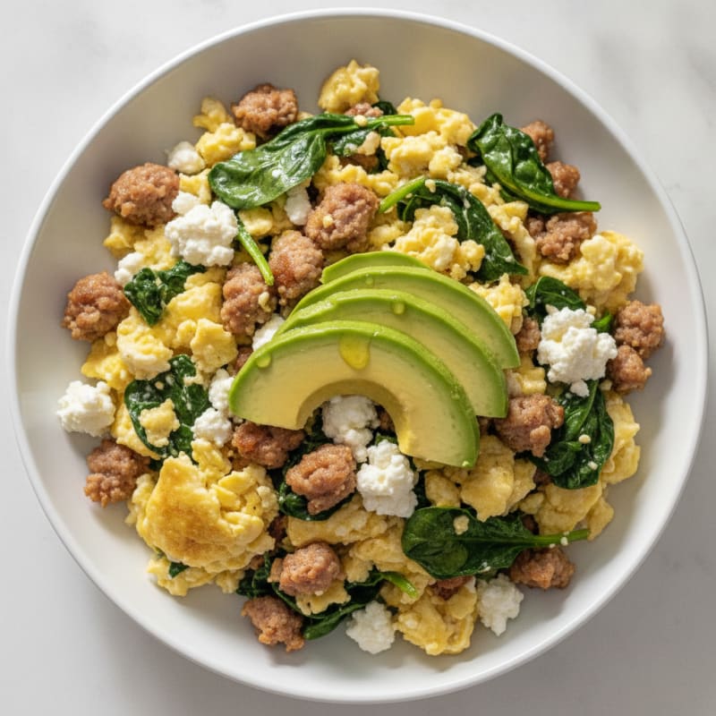 Egg White and Turkey Sausage Scramble with Cottage Cheese and Spinach