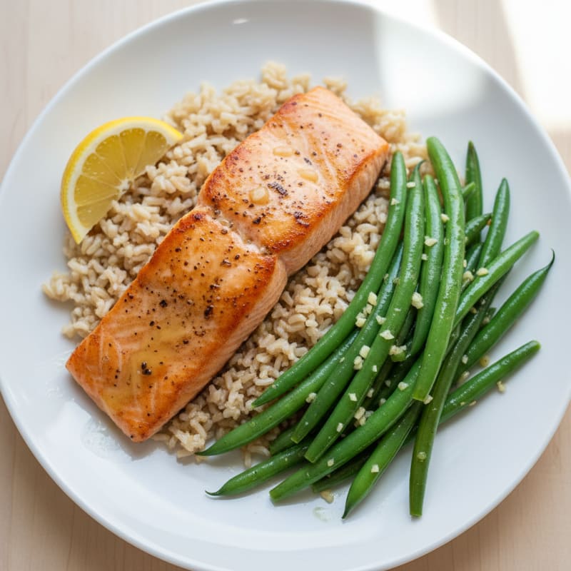 Seared Salmon with Garlic Green Beans and Brown Rice