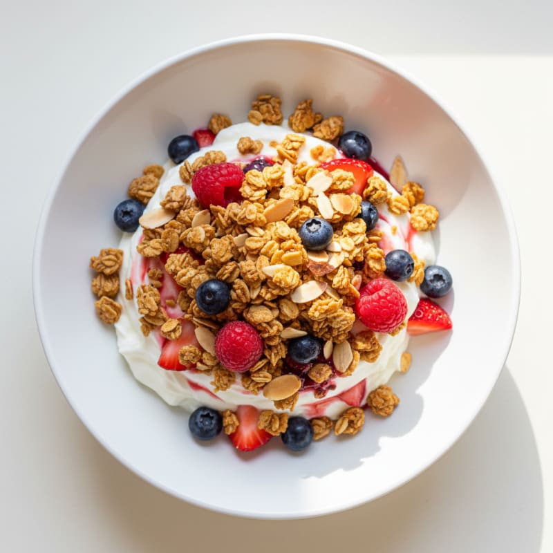 Greek Yogurt Parfait with Crunchy Almond Granola and Mixed Berries