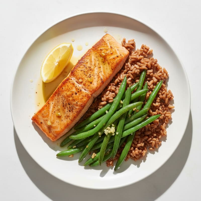 Seared Salmon with Garlic Green Beans and Brown Rice