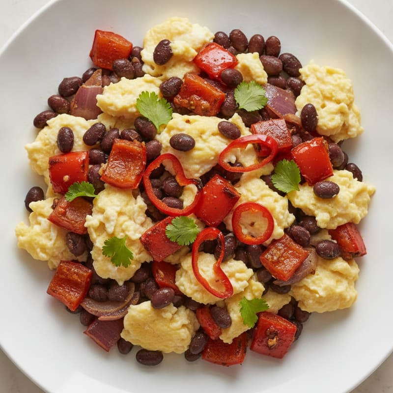 Scrambled Eggs with Black Beans and Roasted Vegetables