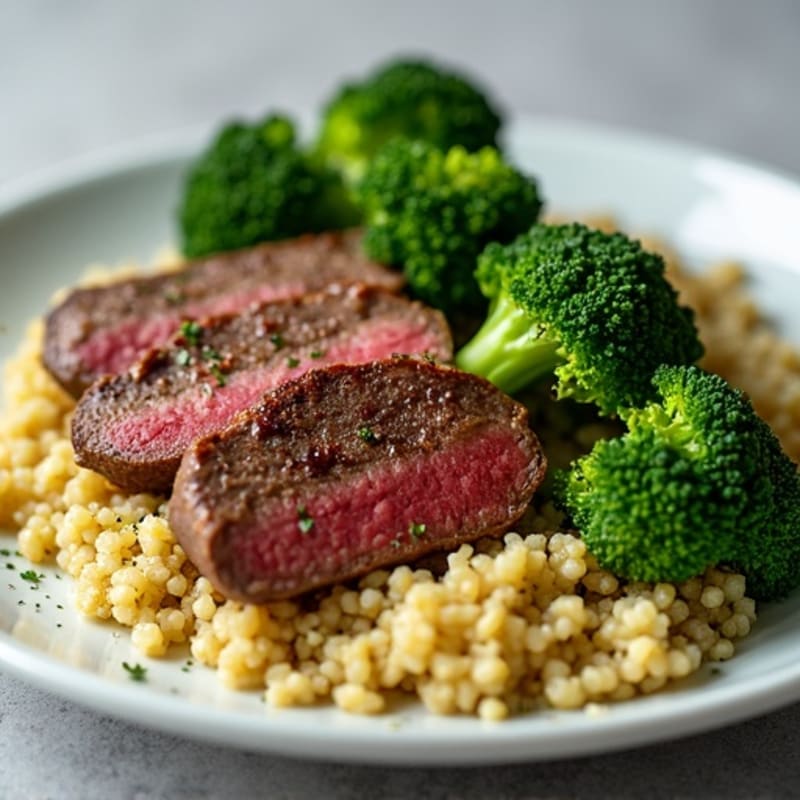 Seared Lean Beef with Roasted Broccoli and Garlic Quinoa
