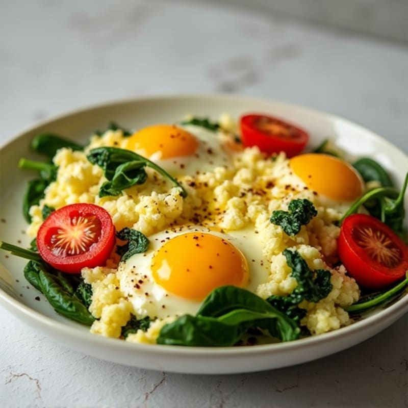 Cottage Cheese and Egg Scramble with Spinach and Cherry Tomatoes