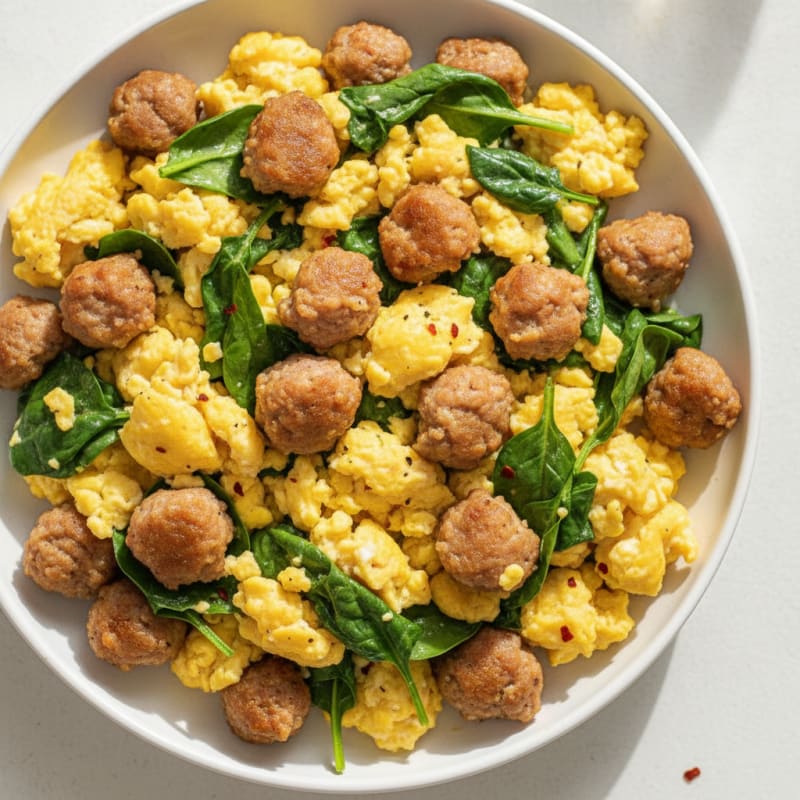 Crispy Pork Sausage and Egg Scramble with Spinach