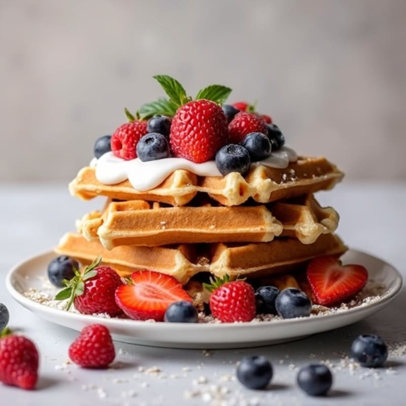 Fluffy Protein Waffles with Fresh Berries and Greek Yogurt