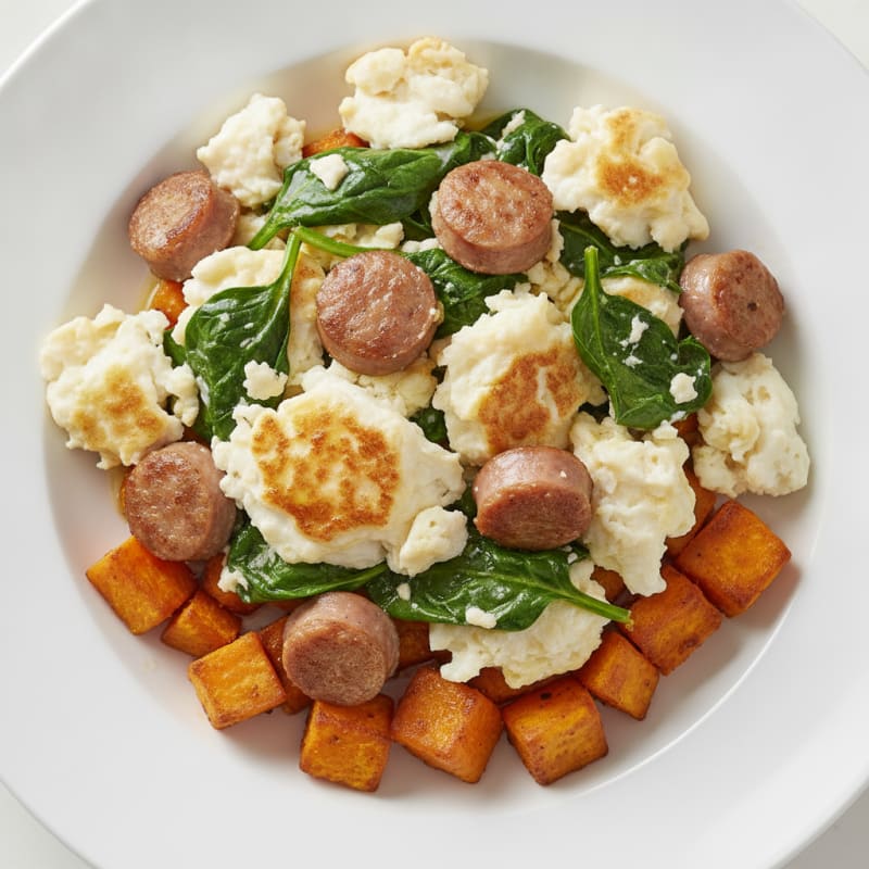 Egg White and Turkey Sausage Scramble with Spinach and Roasted Sweet Potato