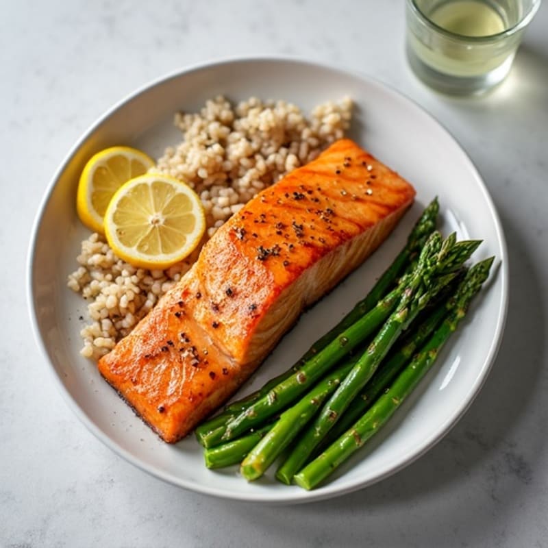 Seared Salmon with Steamed Asparagus and Brown Rice