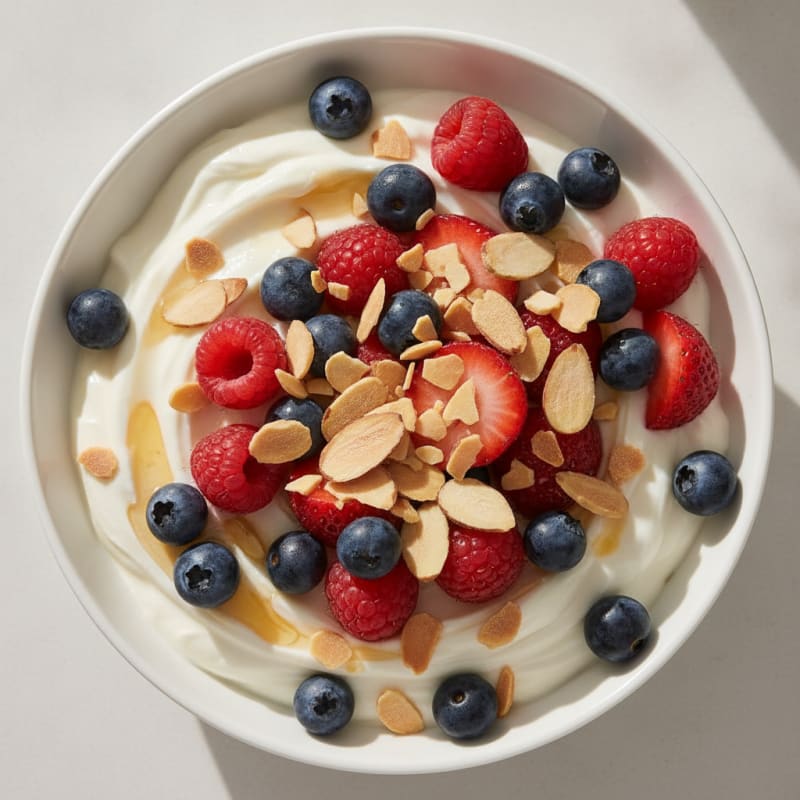 Vanilla Greek Yogurt Protein Bowl with Mixed Berries and Almonds
