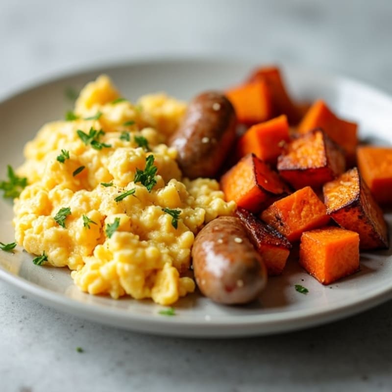 Egg White and Turkey Sausage Scramble with Roasted Sweet Potatoes