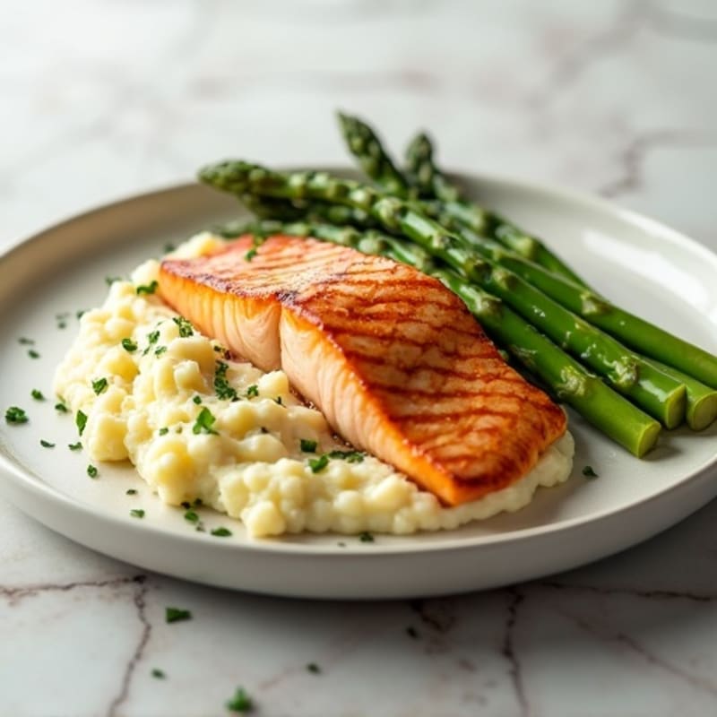 Seared Salmon Filet with Steamed Asparagus and Garlic Cauliflower Mash