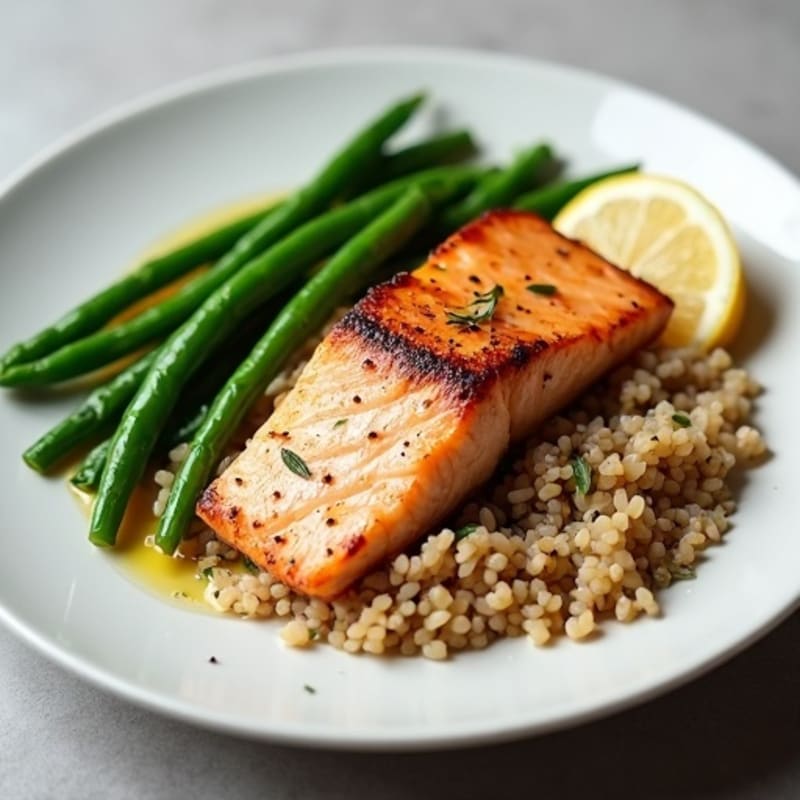 Seared Salmon Fillet with Garlic Green Beans and Brown Rice