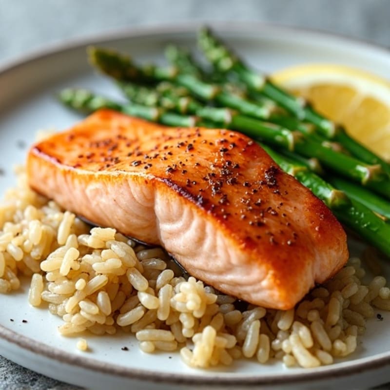 Seared Salmon with Steamed Asparagus and Brown Rice