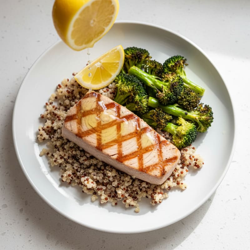 Grilled Tuna Steak with Roasted Broccoli and Quinoa
