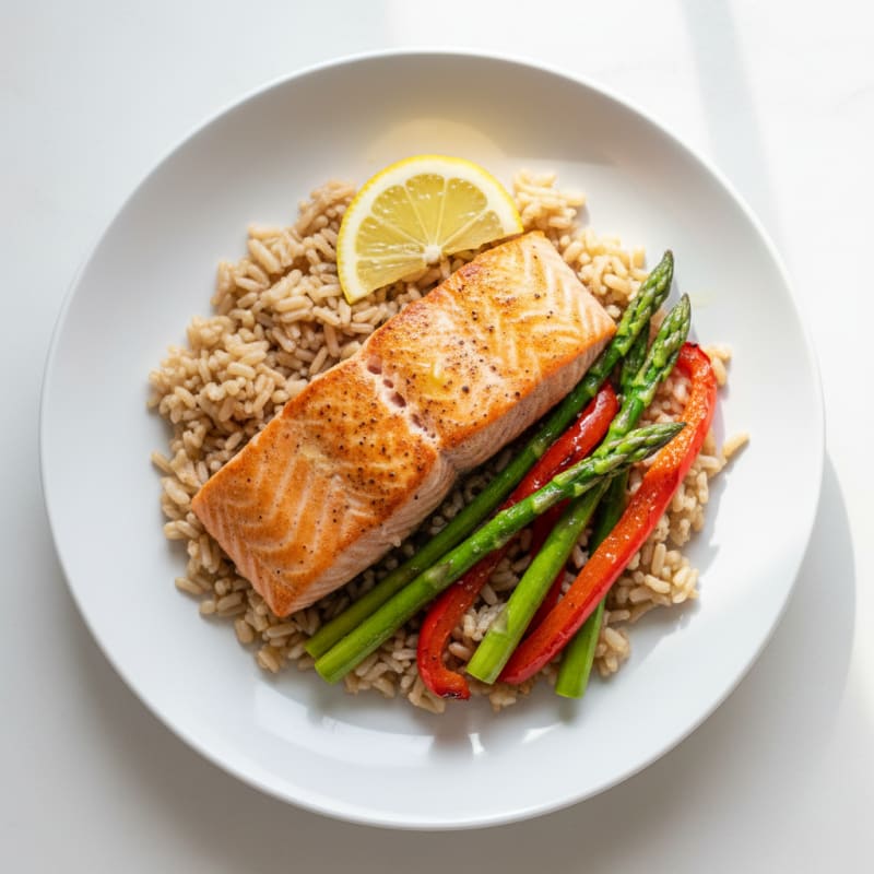 Pan Seared Salmon with Roasted Vegetables and Brown Rice