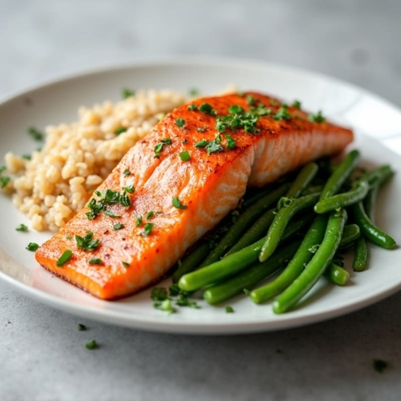 Seared Salmon with Garlic Green Beans and Brown Rice