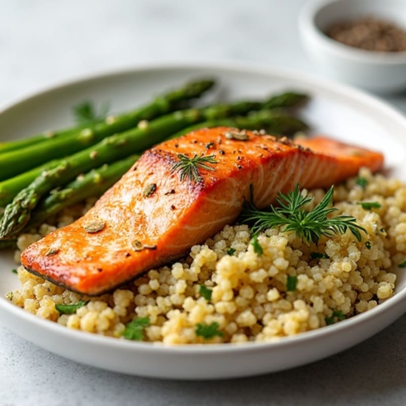 Crispy Skin Salmon with Roasted Asparagus and Lemon-Herb Quinoa