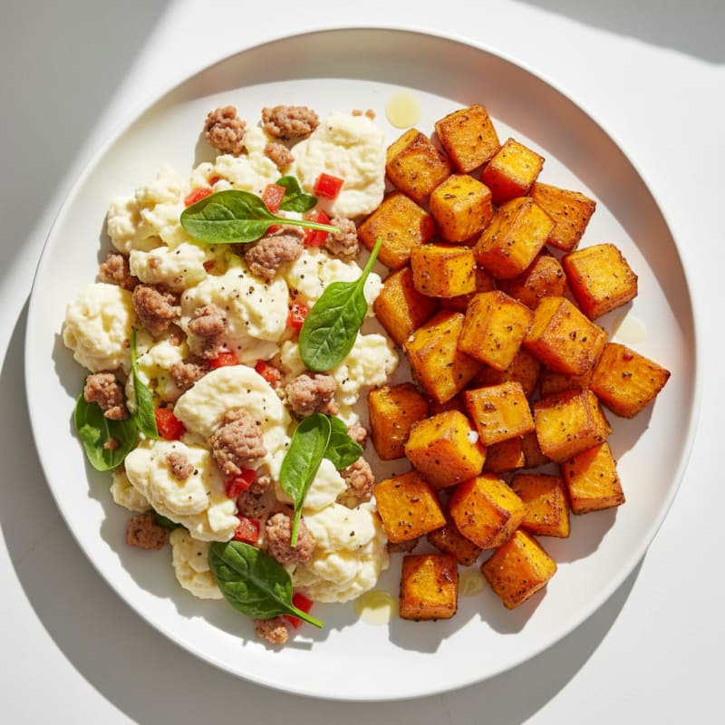 Egg White Scramble with Turkey Sausage and Roasted Sweet Potatoes