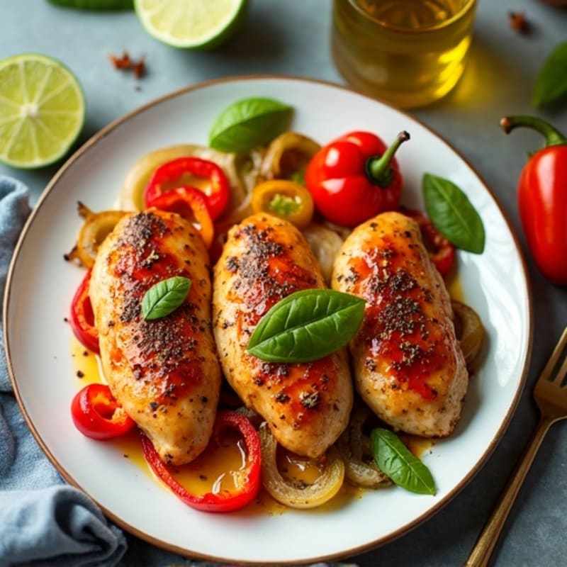 Sheet Pan Spicy Lime Chicken with Roasted Peppers and Onions