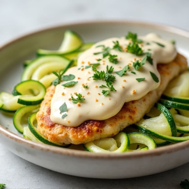 Creamy Cauliflower Alfredo Chicken with Zucchini Noodles