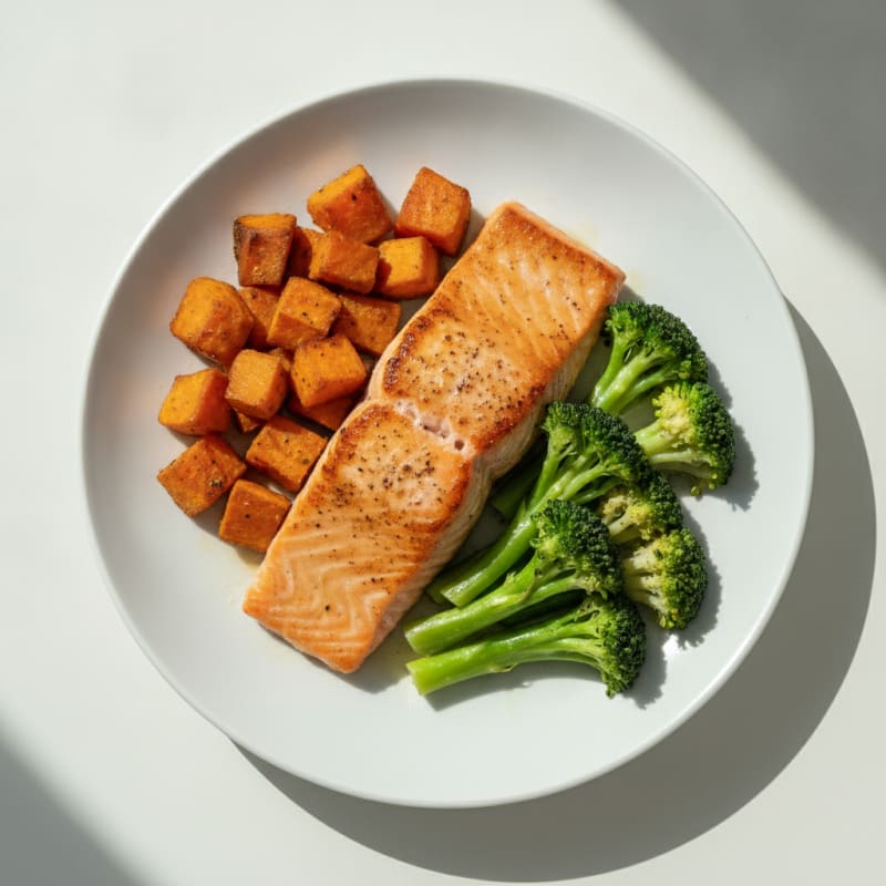 Seared Salmon with Roasted Sweet Potatoes and Steamed Broccoli