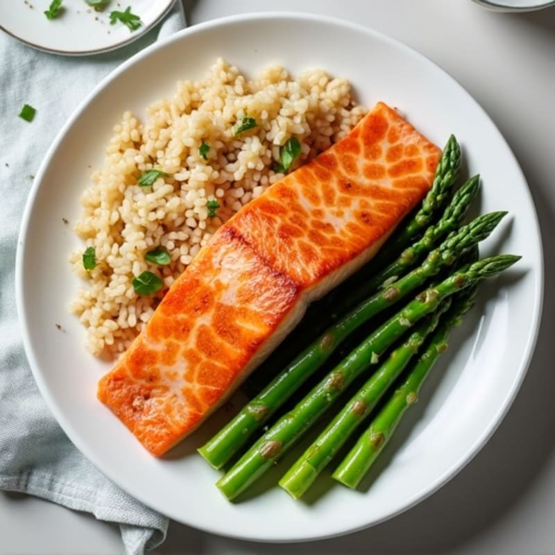 Seared Salmon Fillet with Steamed Asparagus and Brown Rice