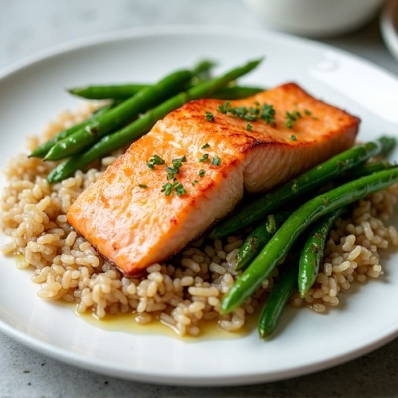 Seared Salmon with Garlic Green Beans and Brown Rice