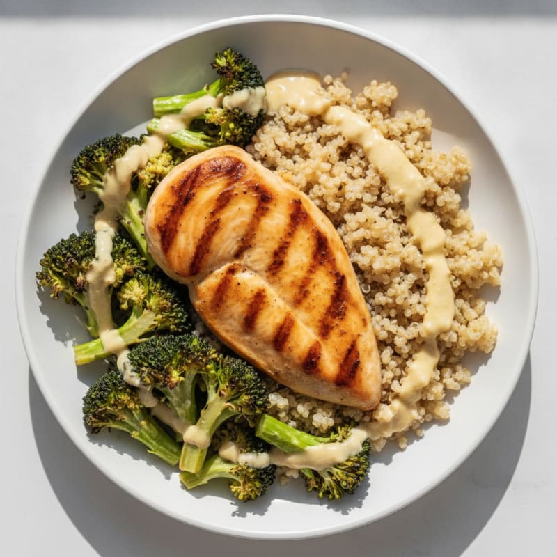 Grilled Chicken and Quinoa Bowl with Roasted Broccoli and Lemon Tahini Drizzle
