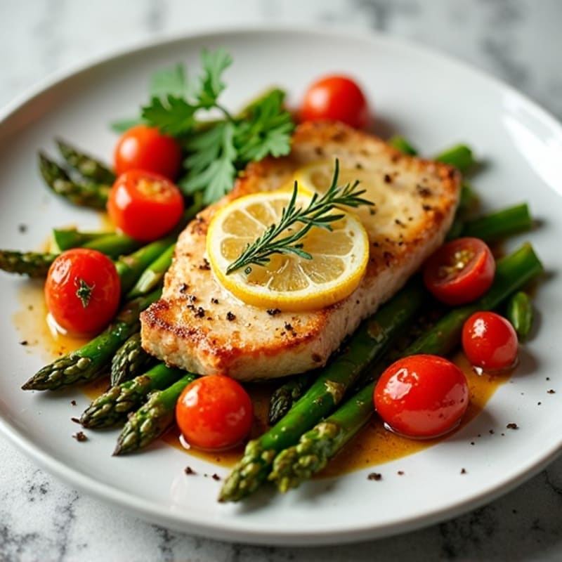 Lemon-Herb Roasted Pork Chops with Roasted Asparagus and Cherry Tomatoes