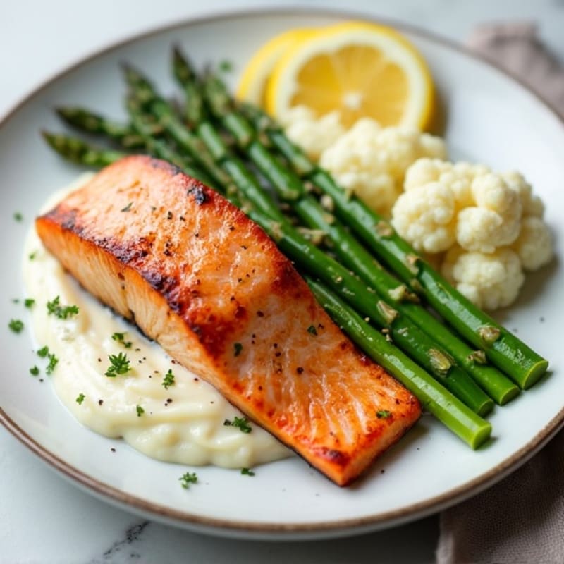 Seared Salmon with Steamed Asparagus and Cauliflower Mash