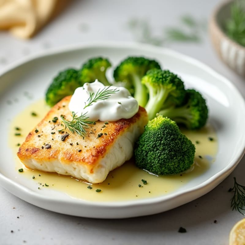Lemon Herb Baked Cod with Steamed Broccoli and Greek Yogurt Tzatziki