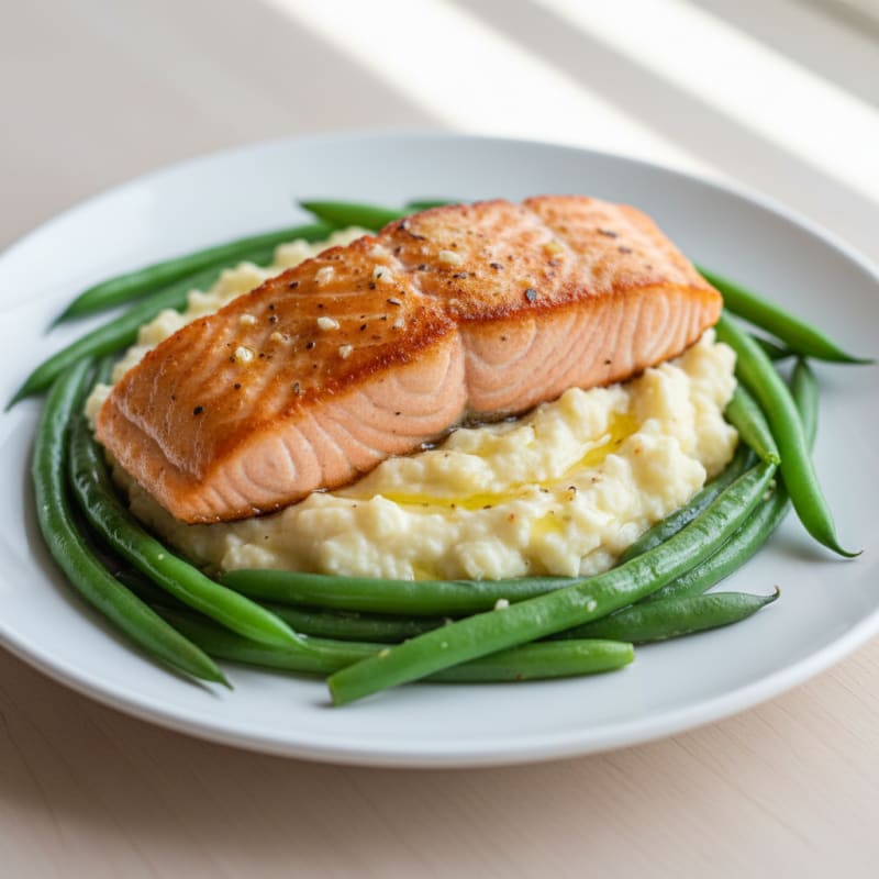 Seared Salmon with Steamed Green Beans and Cauliflower Mash