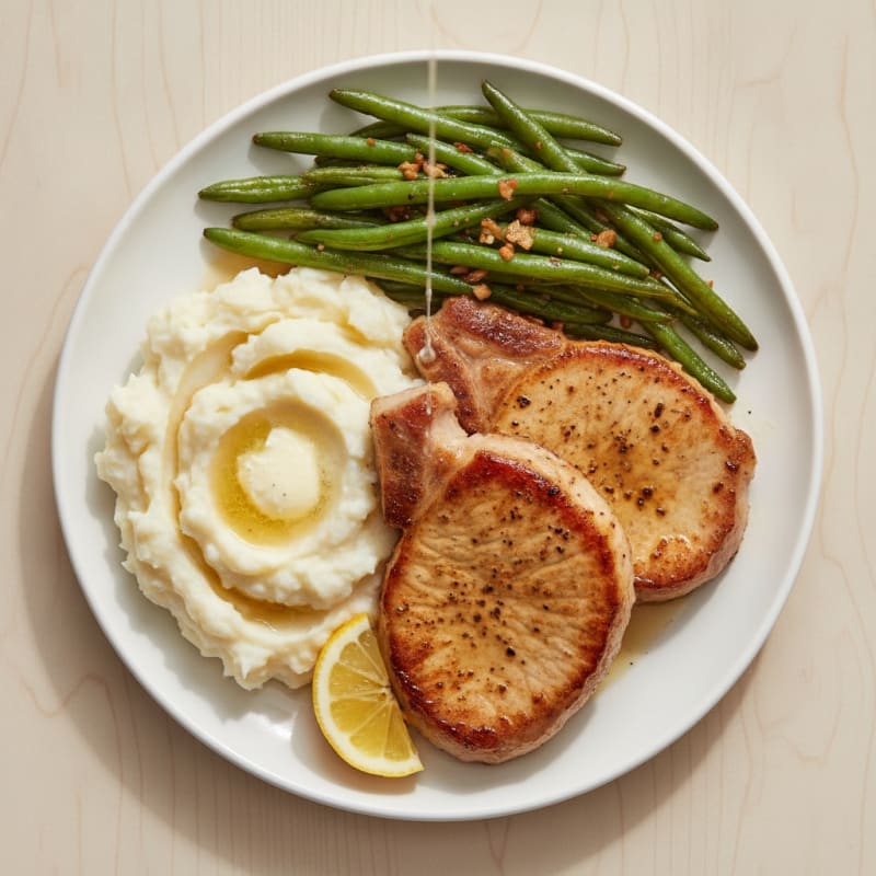 Seared Pork Chops with Garlic Green Beans and Mashed Potatoes