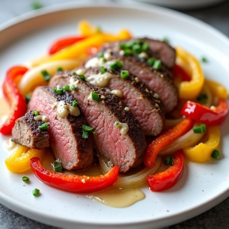 Lean Sliced Steak with Sautéed Bell Peppers and Onions, Creamy Nutritional Yeast Sauce