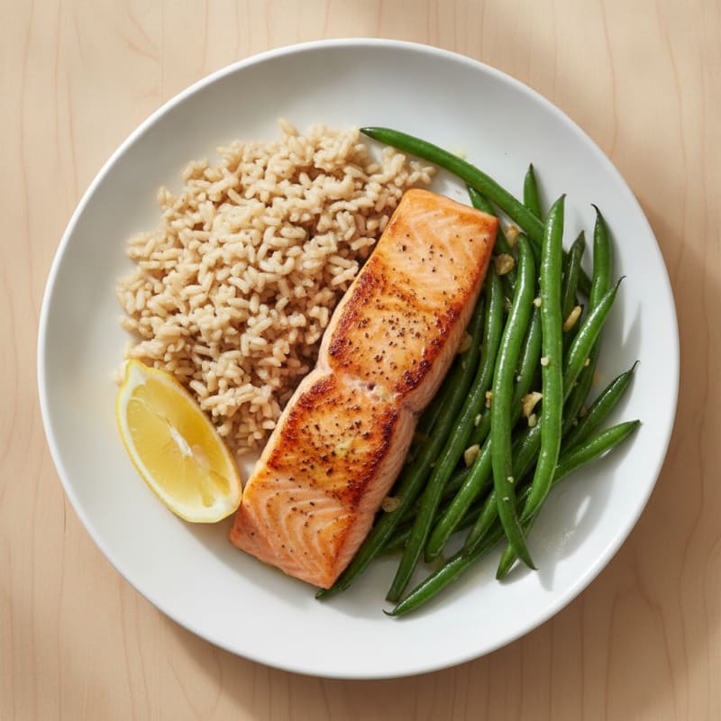 Seared Salmon Fillet with Garlic Green Beans and Brown Rice