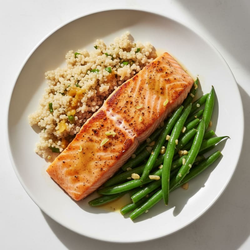 Seared Salmon Fillet with Garlic Green Beans and Quinoa