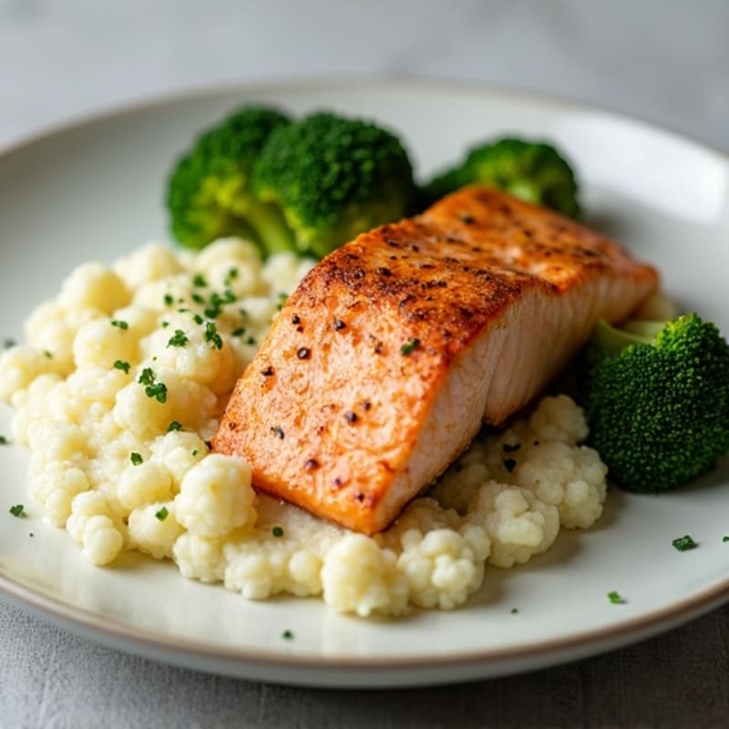 Seared Salmon with Roasted Broccoli and Garlic Mashed Cauliflower