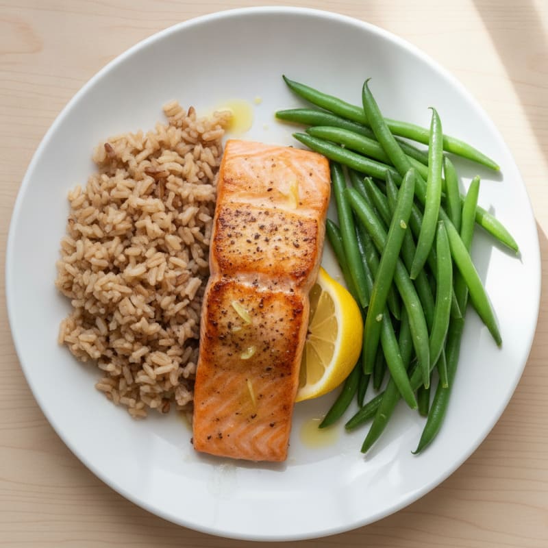 Seared Salmon Fillet with Steamed Green Beans and Brown Rice