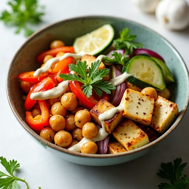 Fresh Herb-Roasted Vegetable and Chickpea Bowl with Lemon Tahini Drizzle