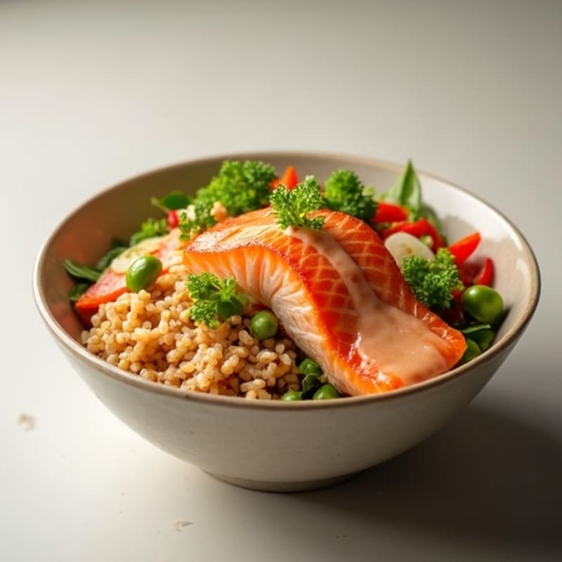 Fresh Salmon and Crispy Vegetable Rice Bowl with Creamy Sesame Dressing