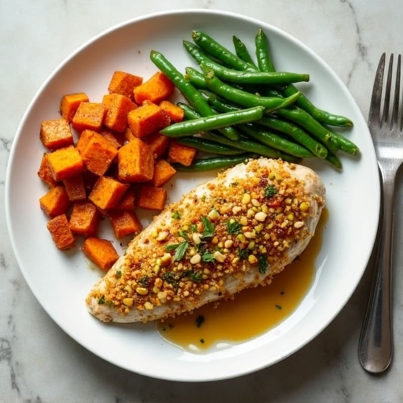 Honey-Pistachio Crusted Chicken with Roasted Sweet Potatoes and Green Beans
