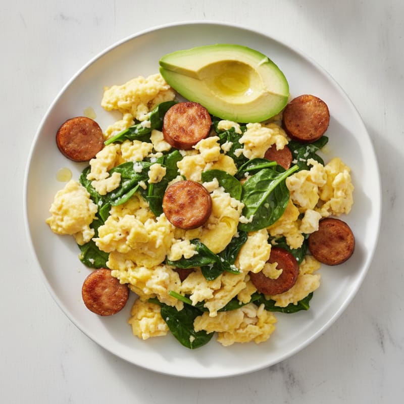 Fluffy Scrambled Eggs with Chicken Sausage and Sautéed Spinach