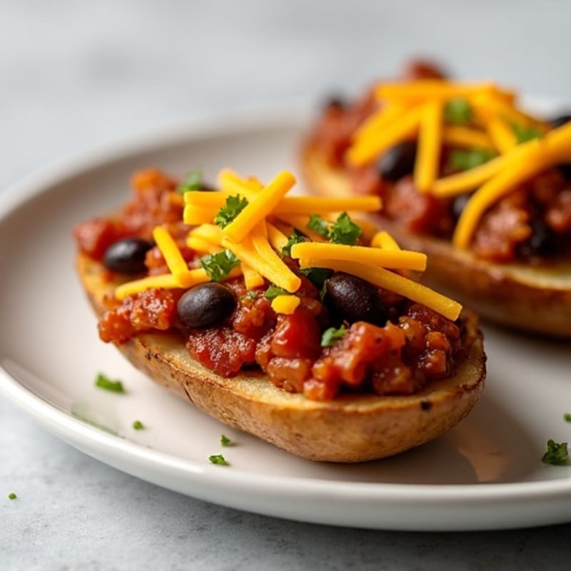 Crispy Roasted Potato Skins with Lean Turkey Chili and Melted Cheddar